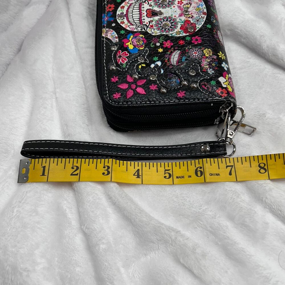 Sugar Skull Floral Zip-Around Wristlet Clutch – Boho Goth Style - Picture 10 of 12